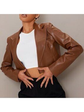 PrettyLittleThing Cropped Faux Leather Blazer Brown Size 0